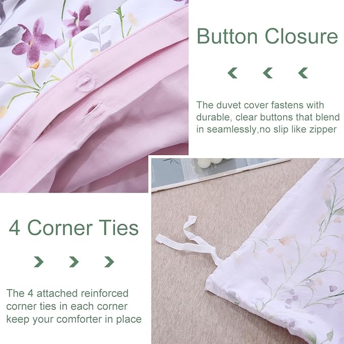 URBONUR Floral Duvet Cover Set Twin Size 3-Pieces Egyptian Cotton Percale Weave Garden Chic Flowers Comforter Bedding Set, Soft and Breathable Duvet Covers with Button Closure
