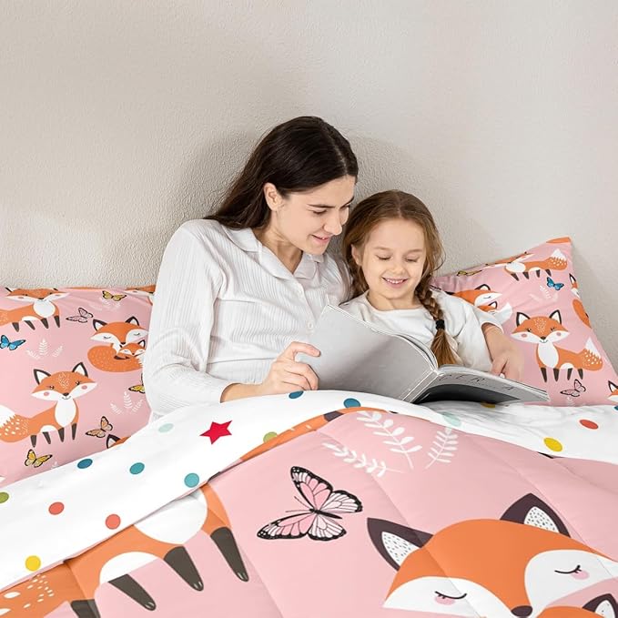 Erosebridal Kids Cartoon Fox Bedding Set Full Size,Multicolor Butterfly Comforter Set Boys Girls Woodland Fox Quilt Duvet Teens Wildlife Animal Down Comforter with 2 Pillow Shams,3Pcs Pink Orange