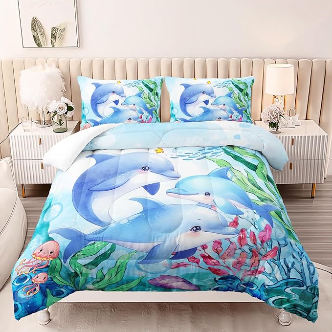 Dolphins Animal Aqua Blue Green Sea Comforter 3pcs Twin Kids Coral Jellyfish Comforter Set for Boys Girls Ocean Waves Bedding Fish Quilt Bed Set with 1 Comforter and 2 Pillowcases