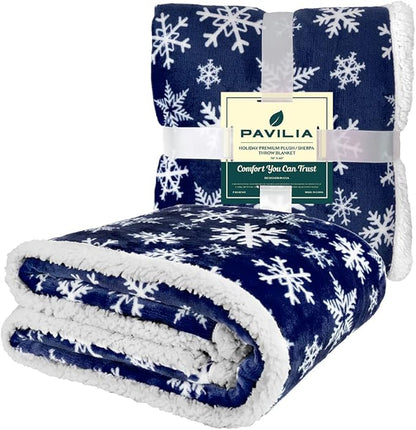PAVILIA Blue Snowflake Christmas Sherpa Throw Blanket, Reversible Fleece Sherpa Cozy Holiday Blanket 50x60, Soft Winter Throw for Couch & Bed, Plush Cozy Warm