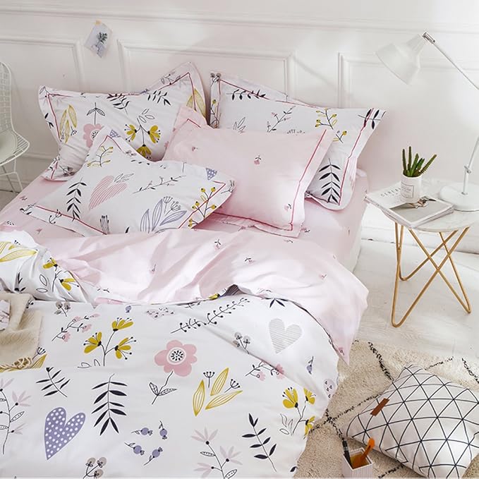 BuLuTu Floral Love Print Girls Duvet Cover Twin White/Pink Cotton Premium Blossom Kawaii Reversible Kids Bedroom Comforter Cover Bedding Sets for Toddler,Teen,Breathable,Lightweight,Zipper Closure