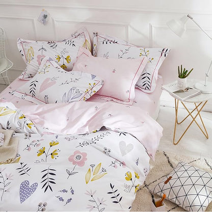BuLuTu Floral Love Print Girls Duvet Cover Twin White/Pink Cotton Premium Blossom Kawaii Reversible Kids Bedroom Comforter Cover Bedding Sets for Toddler,Teen,Breathable,Lightweight,Zipper Closure