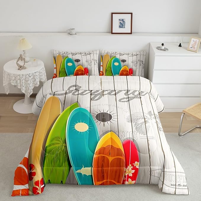 Colorful Surfing Bedding Set Full Size for Kids Boys Girls Home Room Decor,Hawaiian Ocean Style Comforter Set Rustic Farmhouse Barn Quilt Set Flower Sun Surfboard Bedspread,2 Pillowcases