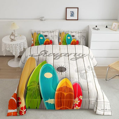 Colorful Surfing Bedding Set Full Size for Kids Boys Girls Home Room Decor,Hawaiian Ocean Style Comforter Set Rustic Farmhouse Barn Quilt Set Flower Sun Surfboard Bedspread,2 Pillowcases