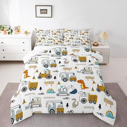 Feelyou Construction Bedding Set Twin Size Equipment Trucks Comforter Set for Kids Boys Girls Decor Dinosaur Comforter 3D Digital Print Yellow Duvet Set Bedroom Quilt Set with 1 Pillow Case