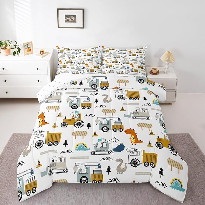 Feelyou Construction Bedding Set Queen Size Equipment Trucks Comforter Set for Kids Boys Girls Decor Dinosaur Comforter 3D Digital Print Yellow Duvet Set Bedroom Quilt Set