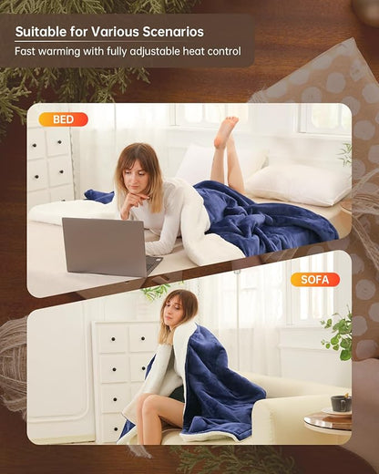 Electric Heated Blanket Queen Size, Washable Blanket Warmer with Dual Control for Home for Adults, Super Cozy Soft Flannel 84" x 90", 9 Heat Levels, 1-9H Auto-Off, ETL Certified, Navy Blue