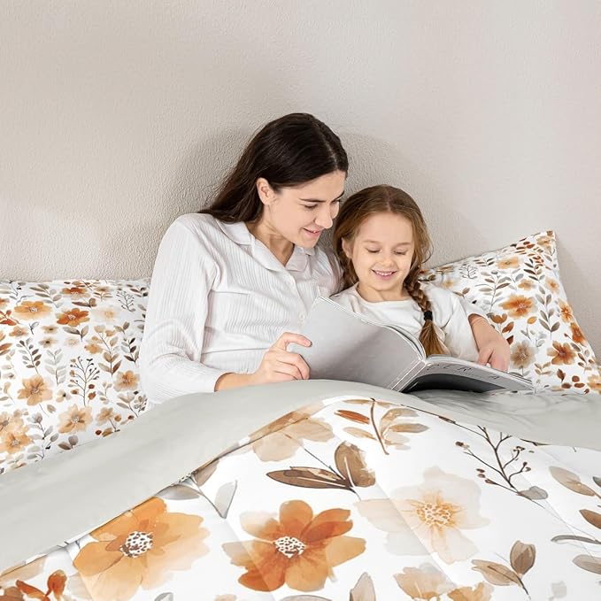 Erosebridal Vintage Floral Full Comforter Set,Tan Beige Orange Flower Bedding Set for Kids Girls,Country Farmhouse Flowers Quilt,Boho Chic Wildflower Bedroom Decor,2 Pillowcases Breathable