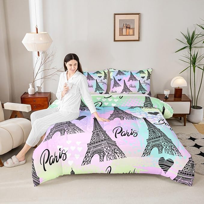 Eiffel Tower Comforter Set King,Rainbow Watercolor Tie Dye Quilt Set Romantic Graffiti City View Bedding Set for Kids Teens Adults Room Decor,Black Sketch Paris Themed Duvet Insert,2 Pillowcases