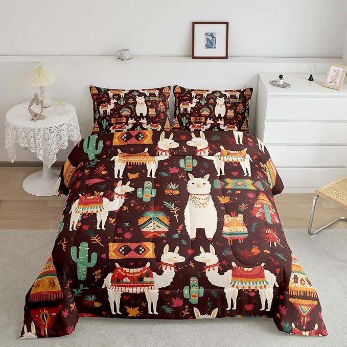 Bohemia Alpaca Bedding Set Queen Size Exotic Tribal Style Comforter for Child Teens Desert Cartoon Cactus Down Comforter Retro Rustic Western Duvet Insert with 2 Pillowcases