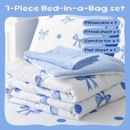 Wajade 7 Piece Blue Bow Comforter Set for Girls Kids Full Size Bedding Set with Sheet and 2 Pillowcases 2 Pillow Shams Cute Girls Bed in a Bag as Birthday Choice