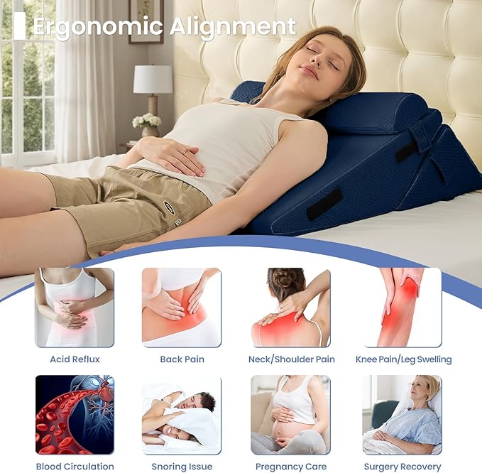 Sasttie Wedge Pillow Set for After Surgery, 2PCS Adjustable Bed Wedge Pillow Headboard with Memory Foam Neck Cushion – for Acid Reflux, Sleeping, Neck & Back Support, Navy