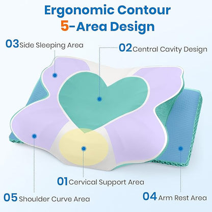 Cervical Neck Pillow for Sleeping, Memory Foam Side Sleeper Pillow, Ergonomic Pillows for Neck Pain Relief,Shoulder Support Pillows for Side Back Stomach Sleepers(Green,Standard Size)