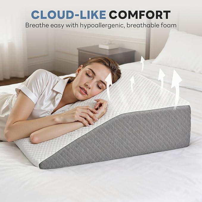 Wedge Pillow for Back Pain Relief, Acid Reflux Pillow, Memory Foam Sleep Apnea Pillows for Sleeping Versatile Triangle Pillow Wedge for Bedroom Living Room, 7Inch, White and Grey