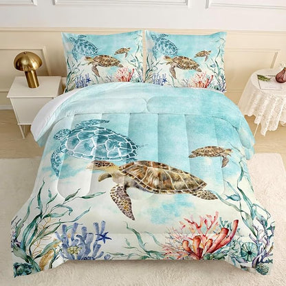 CVHOUSE Ocean Watercolor Sea Turtle Bedding Set - Kids Teens Comforter, Duvet, Quilt Set - Twin Size