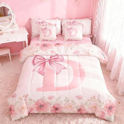 Erosebridal Monogram D Bedding Sets, Pink Bow Tie Bowknot Bed in A Bag Flower Floral Comforter Set with Sheets Full Size for Girls Young Woman Fresh Style Light Pink White Bed Set Bedroom Decor