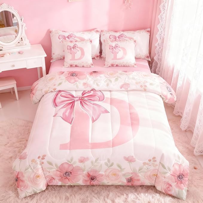 Erosebridal Monogram D Bedding Sets, Pink Bow Tie Bowknot Bed in A Bag Flower Floral Comforter Set with Sheets Twin Size for Girls Young Woman Fresh Style Light Pink White Bed Set Bedroom Decor