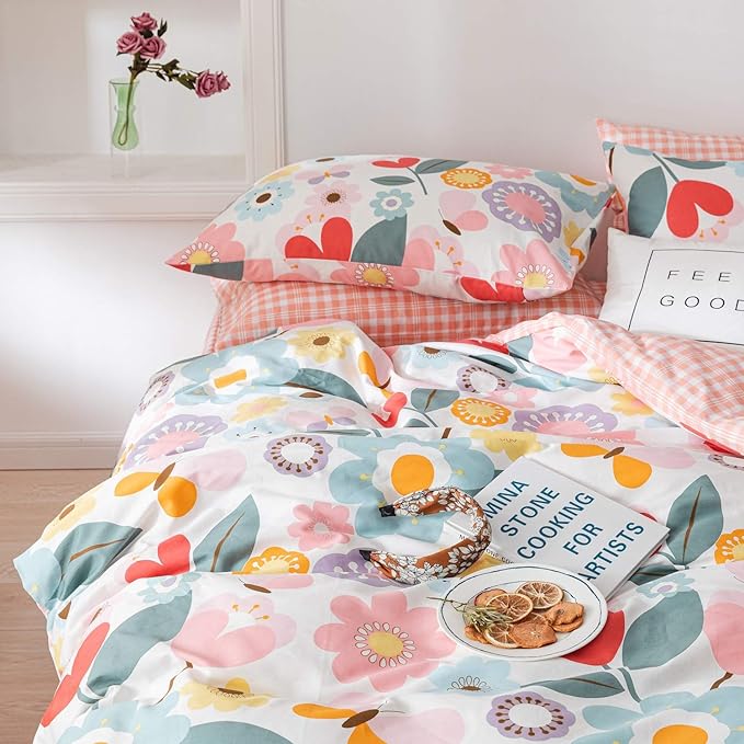 Floral Botanical Duvet Cover Queen, 100% Cotton 3 pcs Queen Botanical Bedding Set for Girls, Reversible Floral Themed Blossom Fresh Plant Duvet Cover, with Zipper Closure, Breathable (No Comforter)