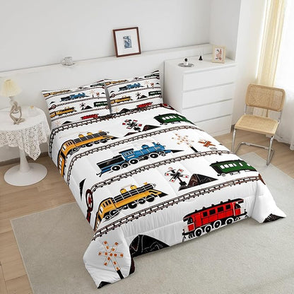 Erosebridal Kids Comforter Set Retro Vintage Train Bedding, Cute Vehicle Printed Colorful Train Comforter for Boys Girls Adults Teens Bedroom Decor All Season Full 3 Pieces, 1 Comforter 2 Pillowcases