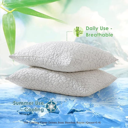 Cooling Shredded Memory Foam Pillow Queen Size Set of 2- Removable Bamboo Rayon Cover + Extra Gel Foam, 100% Adjustable for Back/Side/Stomach Sleepers, Oeko&CertiPUR-US Standard
