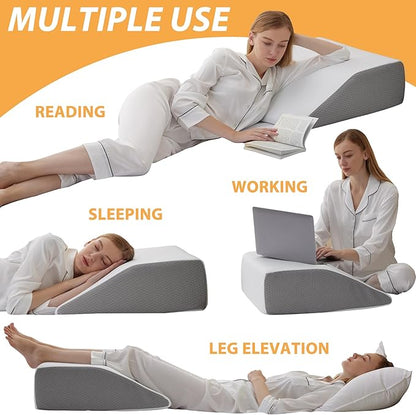 Bedluxe Leg Pillow, 8inch Leg Elevating Pillow for After Surgery, Blood Circulation, Leg Wedge Pillow for Side Sleeping, Leg Rest for Swelling, Cooling Gel Memory Foam Top, White/Grey