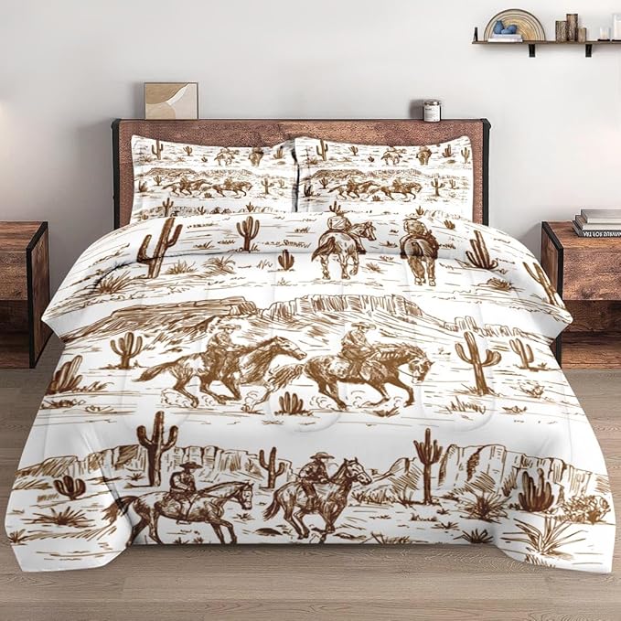 King Size Comforter Set with 2 Pillowcase, American Desert Cowboy Soft 3 Pcs Bedding for Kids and Adults, Western Vintage Horse Comforter Set for Room Bedroom Bed Decor