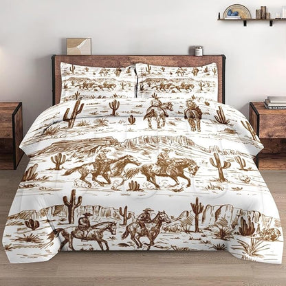Twin Size Comforter Set with Pillowcase, Retro American Desert Cowboy Soft 2 Pcs Bedding for Kids and Adults, Western Vintage Horse Comforter Set for Room Bedroom Bed Decor