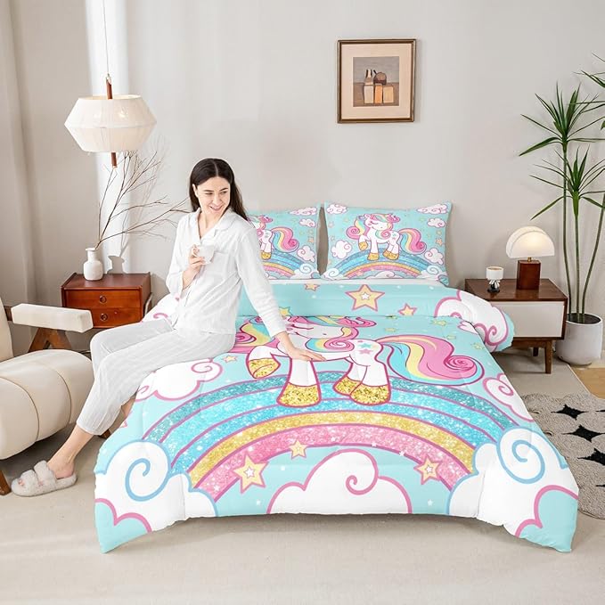 Feelyou Unicorn Bedding Full,Star Print Rainbow Kids Comforter Sets for Girls Comforter Set,Cute Unicorn Duvet Quilt,Cute Animal Bedding Rainbow Bedroom Decor,Blue