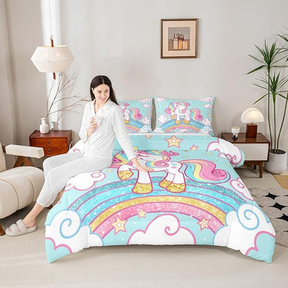 Feelyou Unicorn Bedding Toddler,Star Print Rainbow Kids Comforter Sets for Girls Comforter Set,Cute Unicorn Duvet Quilt,Cute Animal Bedding Rainbow Bedroom Decor,Blue
