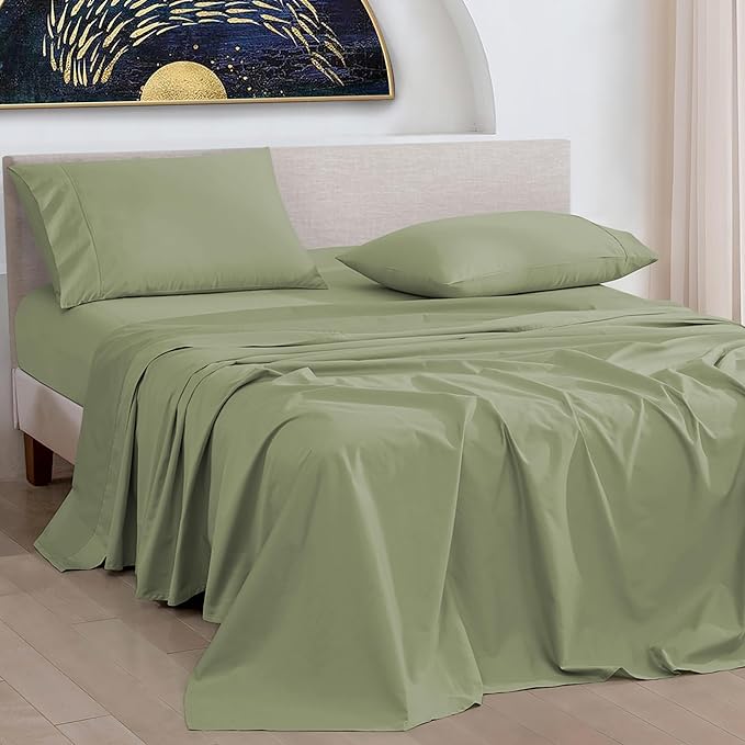 URBANHUT 1000 Thread Count Full Size Egyptian Cotton Sheets, Long Staple Soft & Breathable, 4 Pc Bed Sheet Sets, Sateen Finish Luxury Hotel Bedsheets Fits 16" Deep Pocket - Sage