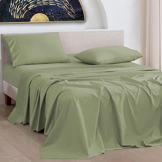 URBANHUT 1000 Thread Count California King Size Egyptian Cotton Sheets, Long Staple Soft & Breathable, 4 Pc Bed Sheet Sets for Cal King Bed, Luxury Hotel Sateen Sheets Fits 16" Deep Pocket - Sage