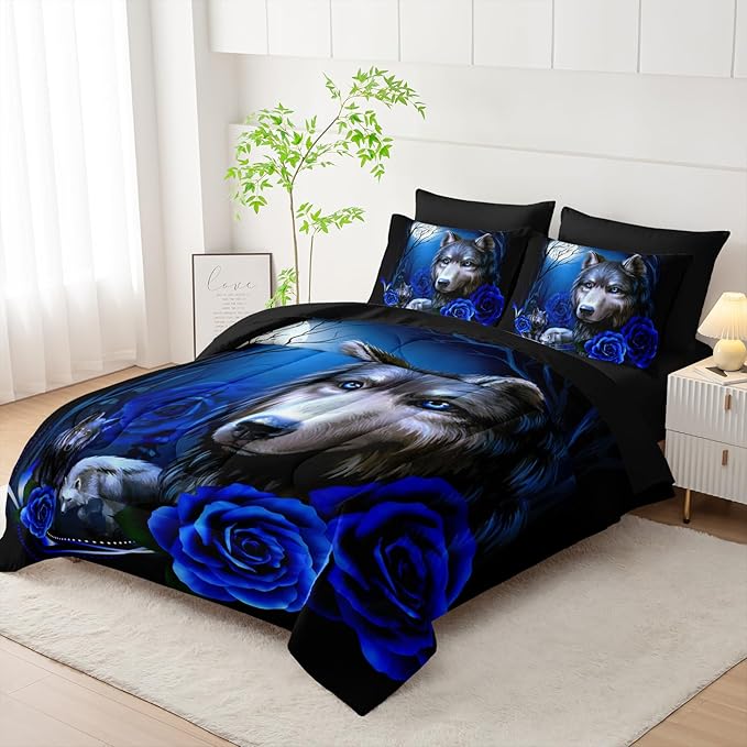 Wolf Comforter Set 7 Piece King Size Bed in A Bag,Animal Bedding for Room Decor,Soft Wolf Comforter Blue Rose Bedding with Fitted Sheet,Flat Sheet, Pillowcases & Shams