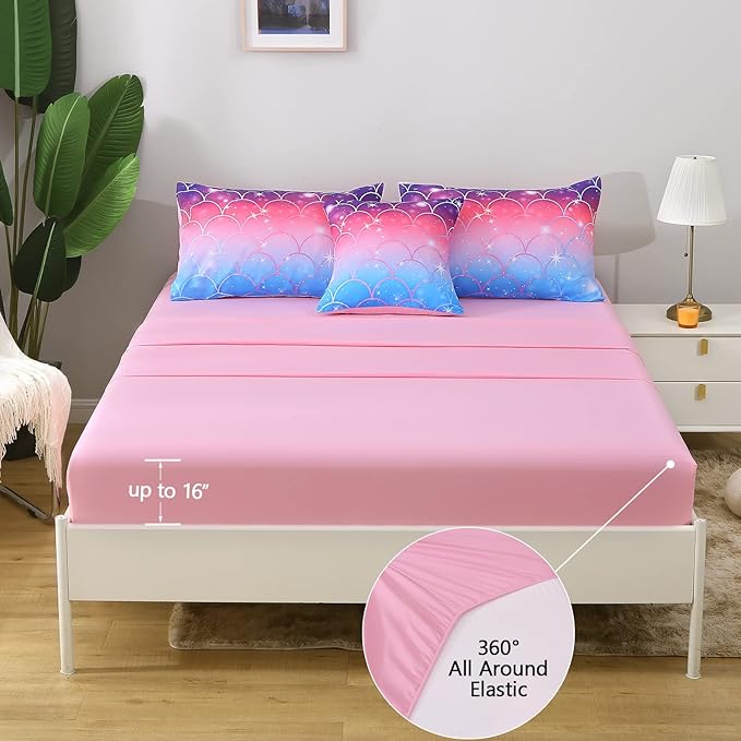 6Pcs Meimaid Scale Comforter Set with Sheets for Teens Girls Kids, Colorful Gradient Glitter Themed Bed in a Bag Full Size, Pink Blue 3D Sparkly Scale Bedroom Decor Bedding Set
