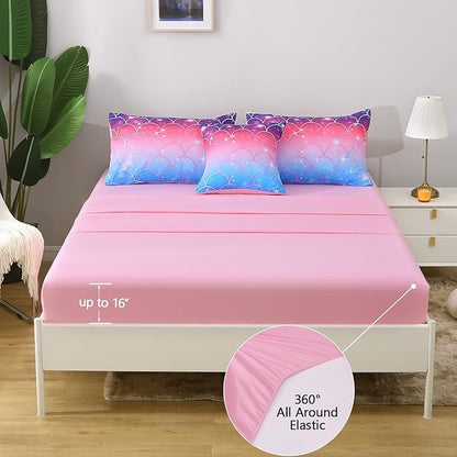6Pcs Meimaid Scale Comforter Set with Sheets for Teens Girls Kids, Colorful Gradient Glitter Themed Bed in a Bag Full Size, Pink Blue 3D Sparkly Scale Bedroom Decor Bedding Set