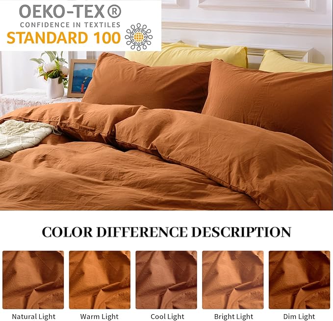 NEXHOME PRO Terracotta Burnt Orange Duvet Cover Set Queen Size Linen Textured Organic Natural 100% Washed Cotton Duvet Cover Caramel 3 Pieces Bedding Set with Zipper Closure Soft (No Comforter)