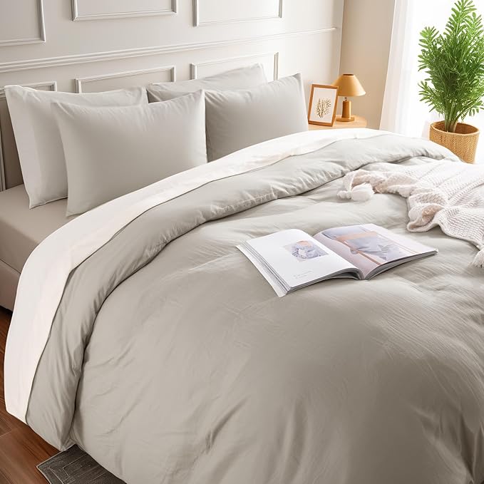 NEXHOME PRO Duvet Cover King Size, 100% Washed Cotton Orgnic Linen Like Textured Breathable Durable Comfy, Cream Grey