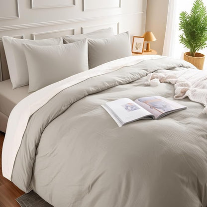 NEXHOME PRO Duvet Cover King Size, 100% Washed Cotton Orgnic Linen Like Textured Breathable Durable Comfy, Cream Grey