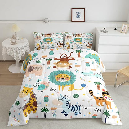 Feelyou Cartoon Jungle Animals Bedding Set Full Size Kids Safari Zoo Animals Comforter Sets Lion Tiger Monkey Giraffe Quilt for Boys Girls Teens Child Toddler Bed Set 1 Comforter 2 Pillowcases