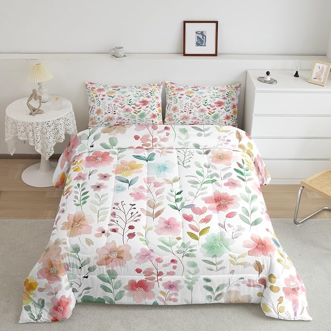 Erosebridal Cute Floral King Comforter Set,Pink Beige Flower Bedding Set for Kids Girls Women,Boho Flowers Wildflower Quilt,Botanical Plant Green Leaf Bedroom Decor,2 Pillowcases Breathable