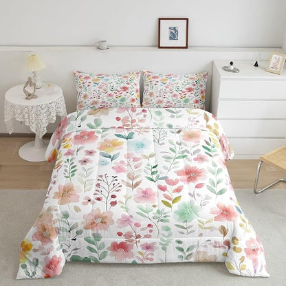 Erosebridal Cute Floral King Comforter Set,Pink Beige Flower Bedding Set for Kids Girls Women,Boho Flowers Wildflower Quilt,Botanical Plant Green Leaf Bedroom Decor,2 Pillowcases Breathable