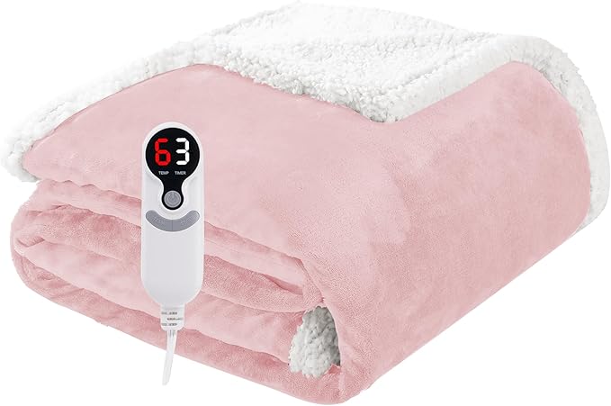 Electric Heated Blanket Throw Size 50"x60", Soft Flannel with Overheat Protection, 6 Adjustable Heat Settings & 3-Hour Auto-Off Timer, Fast Heating for Winter Comfort, Pink