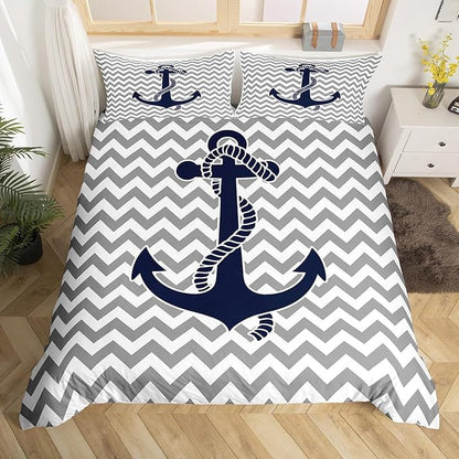 Nautical Anchor Duvet Cover Queen Size,Geometric Gray Stripe Bedding Set for Kids Teens Adults Room Decor,Ocean Adventure Comforter Cover Modern Abstract Quilt Cover No Down Filling,2 Pillowcases