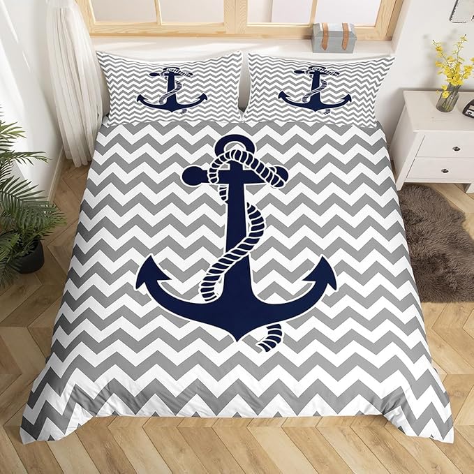Nautical Anchor Duvet Cover Twin Size,Geometric Gray Stripe Bedding Set 2pcs for Kids Teens Adults Room Decor,Ocean Adventure Themed Comforter Cover Modern Abstract Quilt Cover,1 Pillowcase