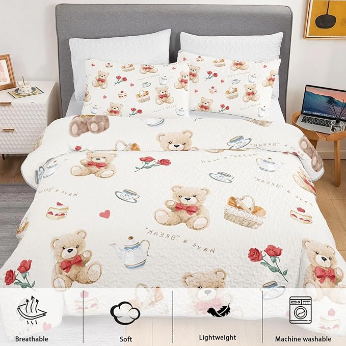 Kawaii Brown Teddy Bear Pet Toy Quilt Bedding Full 3Pcs Cartoon Rose Cake Breadbasket Bed Set Safari Animal Pattern Bedspread Coverlet with 2 Pillowcases for Kid Boy Girl Teen Adult Room Decor