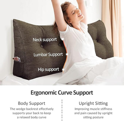 Wedge Headboard Pillow Dorm Room Reading Pillow Back Support for Sitting Up in Bed Bolster Lumbar Cushion Body Positioning Bedrest Cotton Linen 54in Coffee Full