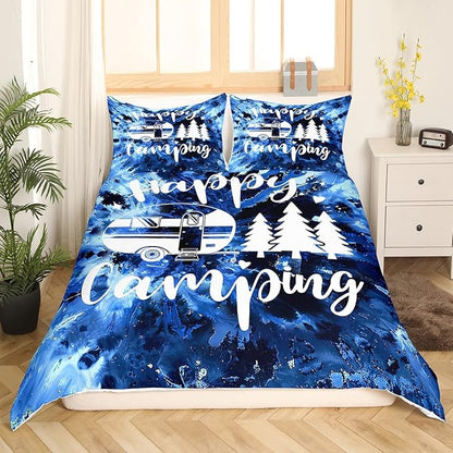 Happy Camping Camper Bedding Set Twin Size,Watercolor Blue Tie Dye Duvet Cover for Kids Boys Bed Comforter Cover Set,Farmhouse Boho Trippy Art Bedding Quilt Cover Set Decorative 2 Pieces