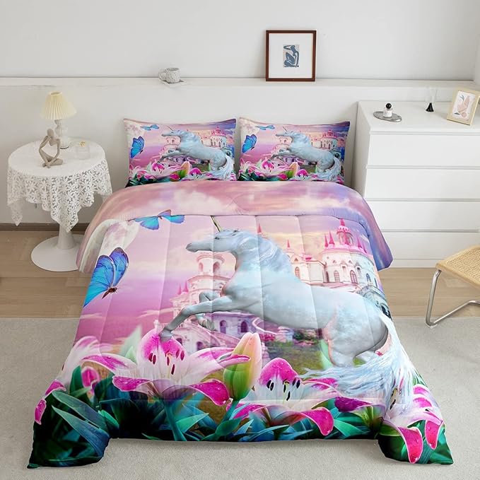 Feelyou Unicorn Bedding Set Jumping Unicorn Decor Comforter Set for Kids Boys Girls Magical Butterfly Lily Floral Comforter Princess Castle Quilt Set Room Decor 3Pcs Queen Size