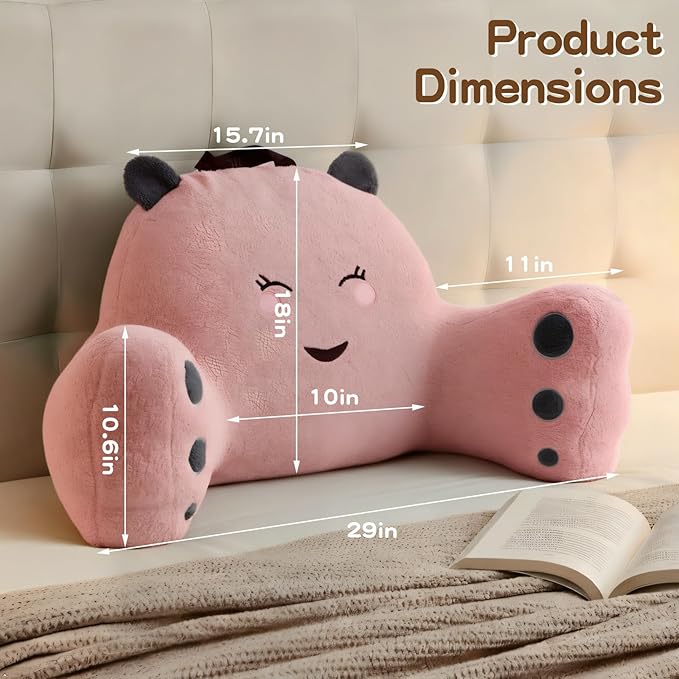 Reading Pillow for Sitting in Bed Couch Teens/Adult, Back Rest Pillow for Sitting Up in Bed with Shredded Memory Foam, Includes Arms and Washable Cover (Pink)
