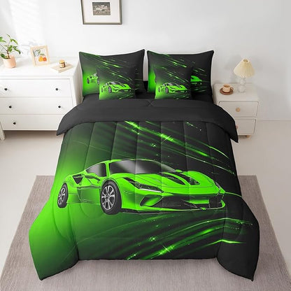 Feelyou Boys Green Race Car 7 Piece Bedding Set King Size Speed Sports Car Comforter Set with Sheets for Kids Teens Adult Fast and Furious Bed in a Bag Green Ombre Bed Set