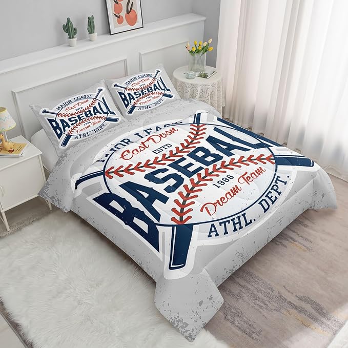 Vintage Sports Baseball Comforter Set 3D Baseballs Printed Bedding Set with 1 Comforter and 2 Pillowcases for Boys and Girls Bedroom All Season(Baseball Full)